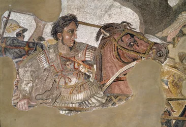 Alexander de Grote (356 - 323 v.Chr.) op zijn paard Bucephalus. Mozaïek uit het Huis van de Faun, Pompeï
