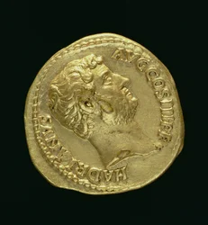 Aureus (voorzijde) van Hadrianus (AD 117-AD 138) zonder hoofddeksel. Inscriptie: HADRIANVS AVGUSTVS