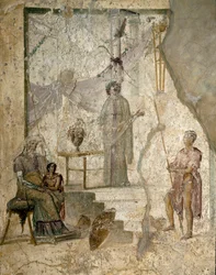 Cassandra voorspelt de val van Troje, haar vader Priamus zit links, haar broer Paris houdt de appel van de Twist vast en een krijger leunt op zijn speer, waarschijnlijk Hector - fresco