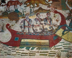 Detail van het mozaïek van de Grote Jacht, Villa Romana del Casale, Piazza Armerina, Sicilië, Italië, 4e eeuw