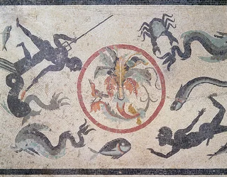 Vissers en zeedieren, 1e eeuw na Christus (mozaïek)