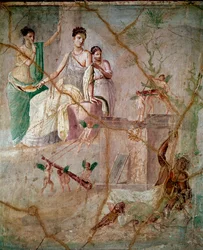 Herakles en Omphale (Hercules en Omphale) Romeinse fresco van de 3e Pompeiaanse stijl uit Pompeii (fresco uit Pompeii) 40-60 n.Chr. Dim 88x103 cm bewaard in het Nationaal Archeologisch Museum van Napels, Italië