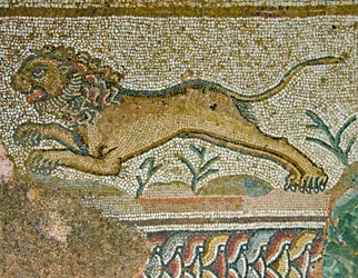 Jachtscène, detail van een leeuw, Huis van Dionysos, Paphos, Cyprus mozaïek