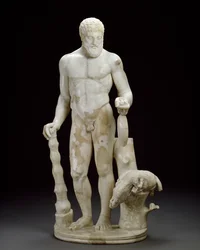 Marmeren beeldje van Hercules en het Erymanthische zwijn (marmer)