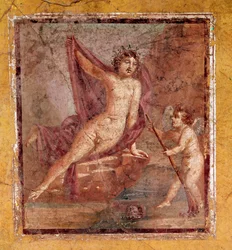 Narcissus en Eros Romeinse fresco van de 3e Pompeiaanse stijl van de site van Pompeii Italië 1e eeuw na Chr.