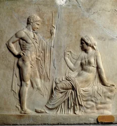 Neo-Attische kunst (neo-Attisch): reliëf met een voorstelling van de mythe van Telephus (Telephus). 1e eeuw v.Chr. Uit Herculaneum. Napels, Museo Archeologico Nazionale