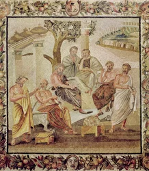 Plato in gesprek met zijn leerlingen, uit het huis van T. Siminius, Pompeii (mozaïek)