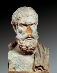 Portret van Epicurus (341-ca. 270 v.Chr.), Griekse filosoof, ca. 100-150 n.Chr. (marmeren buste)