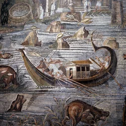 Rivierschip uit de 1e eeuw v.Chr. (detail) van het mozaïek van Palestrina. Het roer bevindt zich in de achtersteven en is dubbel. Dit mozaïek komt uit de Tempel van Fortuna en wordt nu bewaard in het Barberini-paleis.