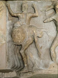 Romeinse kunst: Hercules en de reus met drie hoofden Geryon (een episode van de twaalf werken van Hercules).