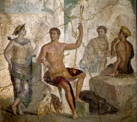 Romeinse kunst: Meleager en Atalanta. Romeinse fresco uit de 1e eeuw na Chr. uit Pompeii. Nationaal Archeologisch Museum, Napels
