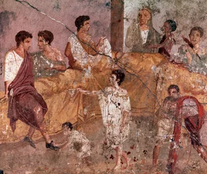 Romeinse kunst: «Buitenscène met banket» (Banket in de openlucht), Romeinse fresco uit het Huis van het Triclinium, Pompeï (Fresco uit de Casa del Triclinio, Pompeï), 40-60 n.Chr.