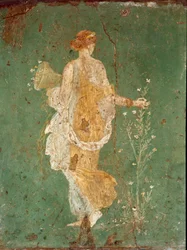 Romeinse kunst: Lente, Flora plukt bloemen. Fresco uit de villa van Varano in Stabiae, nabij Pompeii. 15 v.Chr.-60 n.Chr. Museo Archeologico Nazionale, Napels