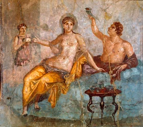 Romeinse kunst: banketscène, een jonge man en een courtisane. Romeins fresco in de 4e Pompejaanse stijl van de vindplaats Ercolano (Herculanum of Herculaneum), 60-80 na Chr. Afmetingen 65 x 66 cm. Gepresenteerd in het Nationaal Museum. Vlaamse School