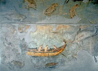 Romeinse kunst: "Vissers op een boot". Fresco uit een huis bij een rivierhaven van Rome. 131 na Chr. Rome, Museo Nazionale Romano (of delle Terme)