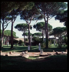 Romeinse kunst: uitzicht op de ruïnes van het macellum (Marktplein) archeologische site van Ostia