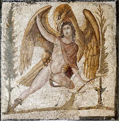 Romeinse kunst: ‘Ganymedes wordt door een adelaar weggevoerd’. Mozaïek uit een villa van de familie van keizer Septimius Severus. Eind 2e eeuw n.Chr. Rome, Museo Nazionale Romano