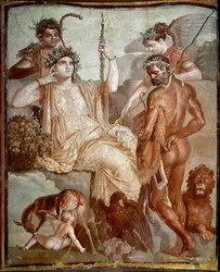 Romeinse kunst: Herakles vindt zijn zoon Telephus in de bergen van Arcadië. Romeinse fresco van de vindplaats van Herculaneum, 70 n.Chr. Nationaal Archeologisch Museum, Napels