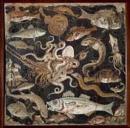 Romeinse kunst: ‘Zeefauna’. Mozaïek uit de 2e eeuw. Napels, Museo Archeologico Nazionale, inv. 120177