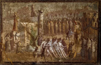 Romeinse kunst: Tabula Iliaca, binnenkomst van het Trojaanse paard