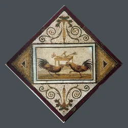 Romeinse kunst: hanengevecht. Mozaïek uit Pompeï. 4e stijl. Nationaal Archeologisch Museum, Napels