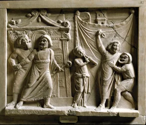 Romeinse kunst: komische theaterscène uit het toneelstuk ‘Andria’ van Terentius (Publius Terentius Afer) (185-159 v.Chr.), reliëf uit Pompeï - Museo Archeologico Nazionale, Napels