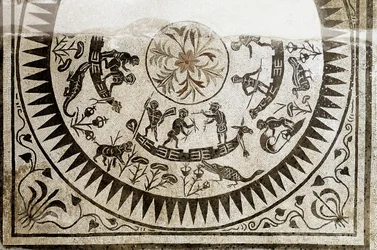Romeinse kunst: pygmeeën aan het jagen en vissen. Mozaïek uit de 3e eeuw. Museo Nazionale Romano (of delle Terme), Rome