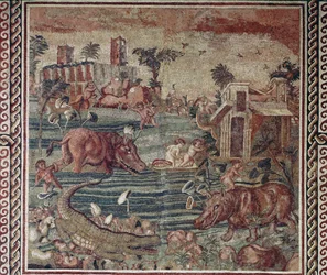 Romeinse kunst: mozaïek met Nijllandschap uit een villa op de Aventijn, Rome, 1e-2e eeuw. Rome, Museo Nazionale Romano in Palazzo Massimo, Inv. 171