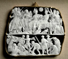 Romeinse kunst: onyx camee gemaakt door de beeldhouwer Dioscuride op twee niveaus. Boven verwelkomt keizer Augustus, omringd door mythologische goden, zijn opvolger Tiberius.