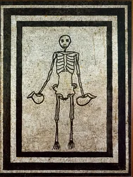 Romeinse kunst: skelet met twee kruiken. Mozaïek uit de 1e eeuw, afkomstig uit Pompeï. Nationaal Archeologisch Museum, Napels, Italië