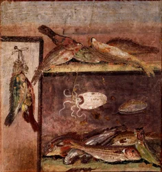 Romeinse kunst: ‘Stilleven met vissen’. Fresco uit Pompeï. 1e eeuw n.Chr. Napels, Museo Archeologico Nazionale