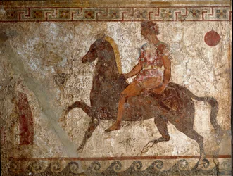 Samnitische ruiter. Grafschildering uit de 4e eeuw v.Chr., van de site van Paestum, Italië. Fresco. Museo nazionale archeologico, Napels