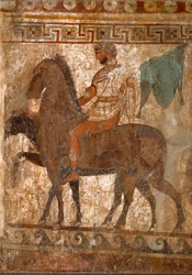 Samnitische ruiter. Grafschildering uit de 4e eeuw v.Chr., van de site van Paestum, Italië.