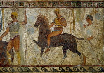 Samnitische krijgers en ruiter. Grafschildering uit de 4e eeuw v.Chr., van de site van Paestum, Italië. Fresco. Dim: 112x199cm. Inv. 9363. Museo nazionale archeologico, Napels