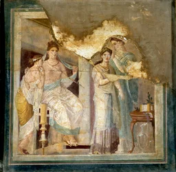 Toiletscène en kleding van een dame: slaven kappen een meisje. Uit Herculaneum (Fresco)