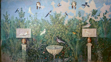 Wandfresco met tuin en vogels, Huis van de Gouden Armband, Pompeï