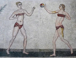 Jonge vrouwen in bikini, Villa Romana del Casale, Sicilië, 315-350 AD (mozaïek)