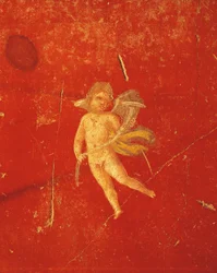 Cherub op rode Pompeiaanse achtergrond, fresco in Vierde Pompeiaanse Stijl, uit Huis van Pinario Ceriale, Pompeii, Campania, Romeinse beschaving