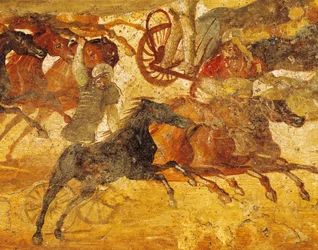 Detail van fresco met wagenrennen, uit Pompeii, Italië
