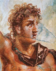 (Detail) fresco van Alexander, uit het huwelijk van Alexander (Ares) en Stateira (Aphrodite), Regio 6 Insula Occidentalis 39, Pompeii (UNESCO Werelderfgoedlijst)