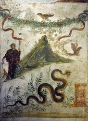 Dionysos gekleed in druiventrossen staand voor de Vesuvius - Fresco uit Pompeii, Casa del Centenario - Napels, Nationaal Archeologisch Museum