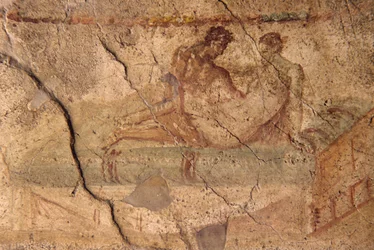 Erotische fresco uit het Lupanar, Pompeï (Werelderfgoedlijst van UNESCO)