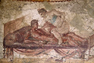 Erotische fresco uit Lupanar, Pompeii (UNESCO Werelderfgoedlijst)