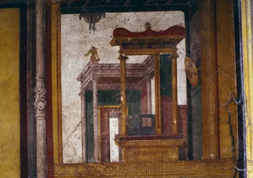 Fantastische architecturen, fresco uit de oecus in het Huis van de Vettii, Pompeii (UNESCO Werelderfgoedlijst)