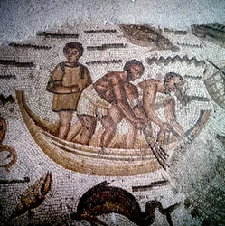 Visscène in mozaïek in Hippo, Algerije.