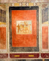 Fresco decoratie van Hal van Tablino, Huis van Marcus Lucretius Fronto, Pompeii, Campania, Romeinse beschaving