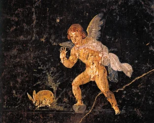 Fresco met Cupido die een haas achtervolgt, uit Pompeii, Italië