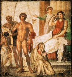 Fresco met de foltering van Issone, uit het Huis van de Vettii, Pompeii, Campanië