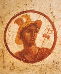 Fresco met portret van man op witte achtergrond, Huis van de Oude Jacht, Pompeii, Campania, Romeinse beschaving