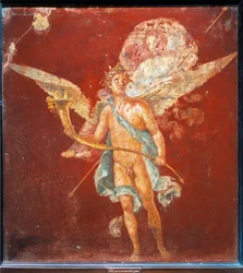 Fresco van gevleugelde Genius die vrouw op zijn schouders draagt, uit Huis van Naviglio, Pompeii, Italië